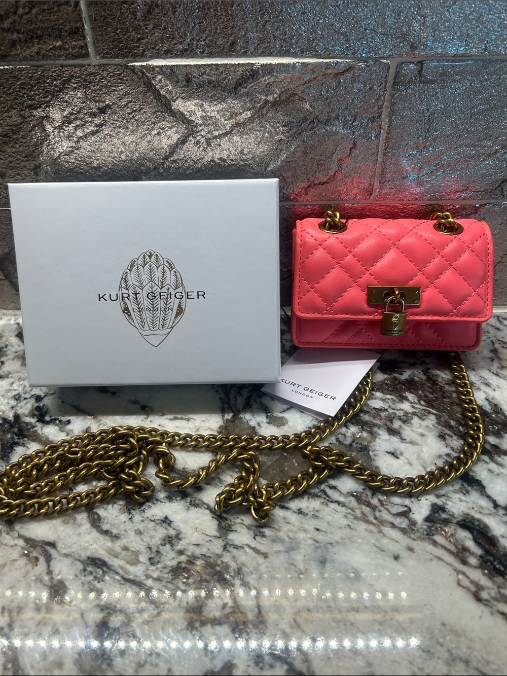 Kurt Geiger Coral Pink Quilted Mini Chain Crossbody Bag NWT